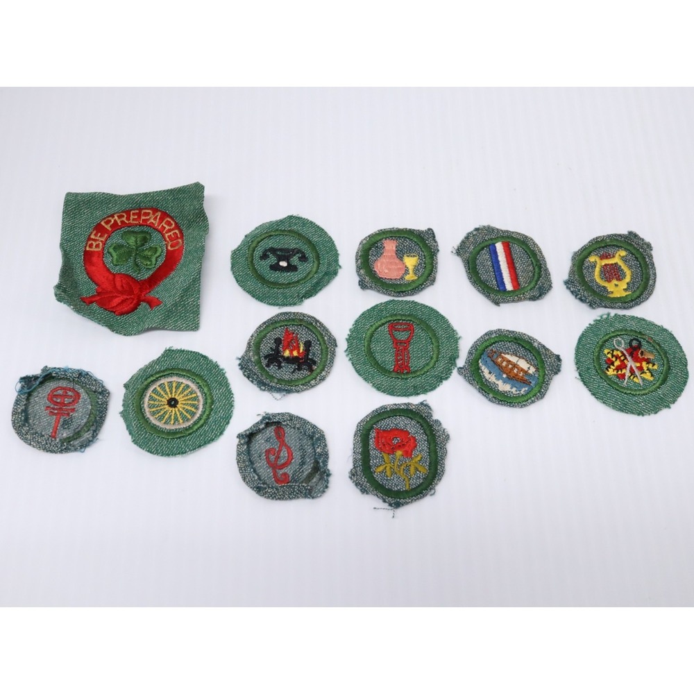 Lot of 13 Vintage Girl Scout Silver & Bright Green Patch Fabric Merit Badge